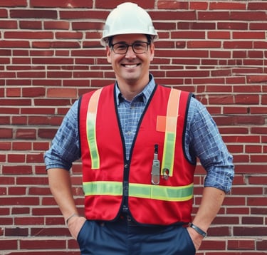 A man in an orange safety jacket and helmet