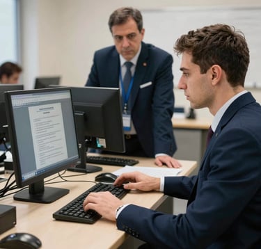 A professional setting in Türkiye where a candidate is taking a technical railway examination on a computer, monitored by a supervisor in professional attire, soft indoor lighting, navy blue color scheme.