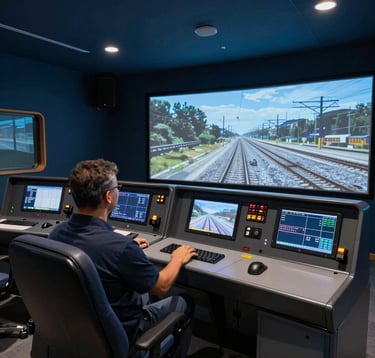 Interior of a high-tech railway simulation center in Türkiye, realistic train controls with multiple screens, professional training environment, soft light blue and navy lighting.