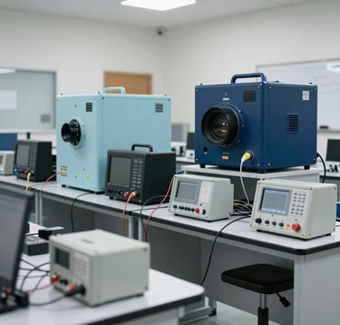 An interior shot of a technical training laboratory in Türkiye with railway equipment and electronic testing tools, bright clean environment, professional photography, hints of light blue and navy blue.