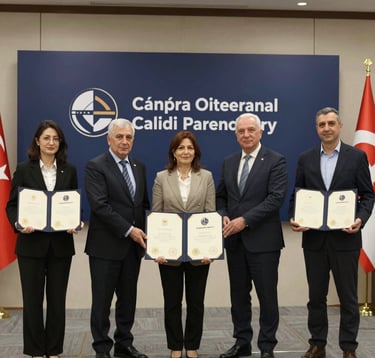 Professional award ceremony in a Turkish corporate hall, individuals receiving certificates, background features navy blue corporate branding, trustworthy mood.