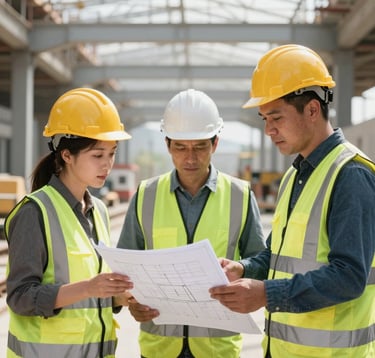 Railway engineers in Türkiye wearing safety gear, discussing project blueprints at a modern terminal construction site, bright professional daylight photography.