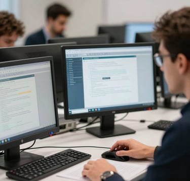 Close-up of a modern professional exam setting in Türkiye, candidates using technical monitors, clean industrial design, focused and trustworthy environment.
