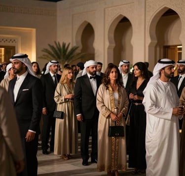 A lifestyle photography shot of a sophisticated crowd at an exclusive evening event in Muscat. The setting is a grand terrace with arched architecture. People are dressed in refined, elegant attire suitable for a high-end Middle Eastern / Gulf networking gala. Lighting is dramatic with gold highlights and deep shadows.