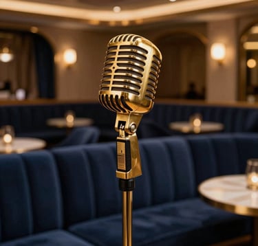 An elegant interior of a luxury jazz club. A focused shot of a gold vintage microphone on a stand in the foreground, with a blurred background of plush navy blue velvet seating and warm gold lamps. Middle Eastern / Gulf sophisticated nightlife vibe.