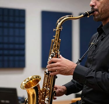 A close-up photograph of a professional jazz musician playing a golden saxophone in a dimly lit, premium studio. The lighting is a mix of white and deep navy blue. The background shows sound-diffusing panels in a luxury Middle Eastern / Gulf media facility.
