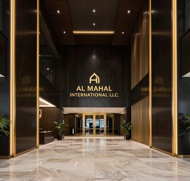 A wide angle interior shot of Al Mahal International LLC corporate lobby in Muscat, showcasing modern architectural lines, gold trim, and minimalist luxury design with a sophisticated dark color palette.