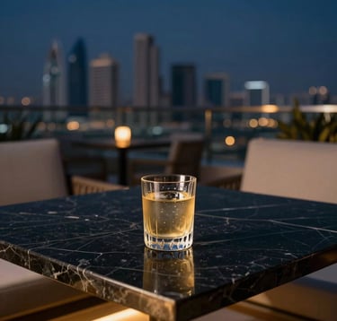 High-angle shot of a luxurious rooftop lounge table in a Middle Eastern / Gulf city. A single glass of a refined beverage sits on a black marble surface. Soft gold ambient lighting and deep navy blue evening sky in the background. Minimalist and elegant composition.