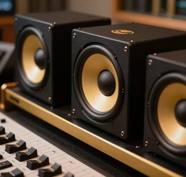 A close-up of high-end audio recording equipment in a professional radio studio with sleek black surfaces and golden accent lighting, reflecting a luxurious Gulf media brand aesthetic.