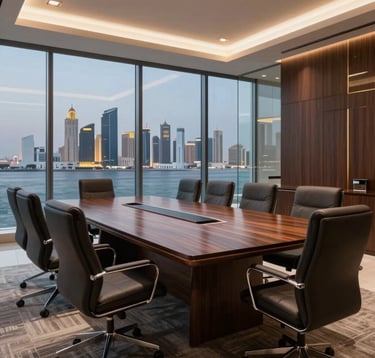 A sharp, modern photograph of a luxury corporate boardroom in Muscat, Oman. Dark wood furniture, glass walls, and a view of the city skyline at twilight with subtle gold accents in the interior design.