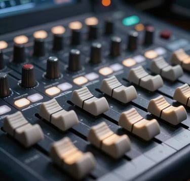A close-up of a high-end professional media studio mixing console. The faders are illuminated with soft white and gold light against a dark navy and black technical background. The style is clean, modern, and expensive.