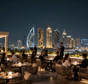 A wide photography shot of a luxury rooftop lounge in a Middle Eastern city, featuring elegant patrons and a live jazz band performing under a deep navy night sky with golden city lights in the background.