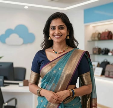A professional portrait of a female travel coordinator in an elegant South Asian / Indian sari, standing in a brightly lit modern travel agency office with Cloud White walls and Soft Sky Blue accents. She is smiling warmly at the camera.