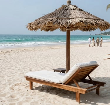 A breathtaking medium shot of a pristine beach in South India, featuring soft white sands and the clear turquoise waters of the Arabian Sea. A single high-end wooden sunbed with Cloud White cushions sits under a thatched umbrella. In the distance, a group of travelers in light linen attire enjoy the view. The composition is balanced and elegant, highlighting a calm South Asian / Indian coastal setting.