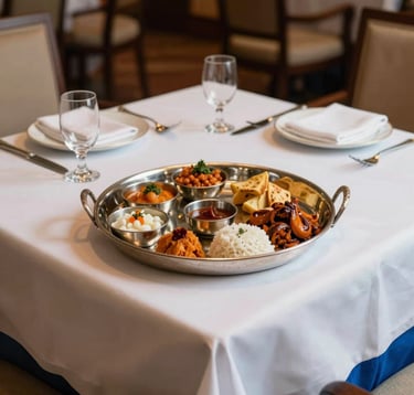 An elegant South Asian / Indian dining setting in a luxury hotel. A traditional silver thali is presented on a Cloud White tablecloth with Steel Blue accents. The lighting is warm and inviting, showcasing culinary excellence.