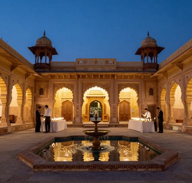 A stunning wide shot of a luxury heritage hotel courtyard in Rajasthan, India. The architecture features intricate stone carvings and arched doorways. A central fountain reflects the Midnight Blue sky as dusk falls. Professional staff are seen in the background tending to a candlelit dinner setup. The style is sophisticated and reflects a premium South Asian / Indian lifestyle.