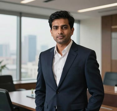 A professional portrait of a male travel agency founder in a sharp Midnight Navy suit, standing confidently in a modern South Asian / Indian executive office with a blurred city skyline seen through the window behind him.