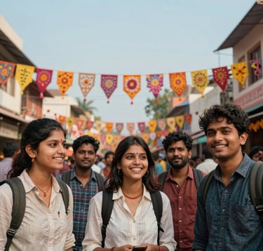 A group of joyful travelers in a South Asian / Indian city during a festival, with Soft Sky Blue and vibrant cultural decorations in the background. The lighting is bright and celebratory, focusing on a premium travel experience.