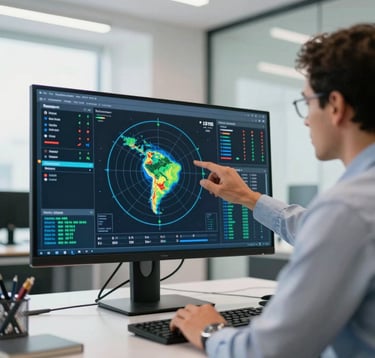 A South American Brazilian safety consultant in a bright, modern office analyzing a complex radar-style health and safety heat map on a large monitor. The scene is professional and sophisticated.