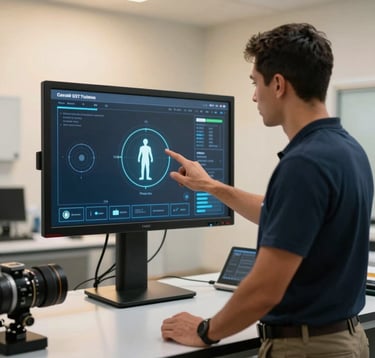 A South American safety instructor in a high-tech lab setting, demonstrating a gamified SST training interface on a sleek digital screen, with soft golden backlighting and professional ambiance.