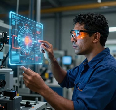 A South American worker in a high-tech Brazilian industrial plant wearing smart safety glasses, looking at a floating hologram of a machinery risk assessment. The lighting is deep blue with orange highlights.