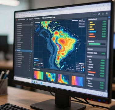 A close-up of a modern computer screen in a professional South American office displaying a complex workplace safety dashboard with vibrant heat maps and predictive risk data indicators.