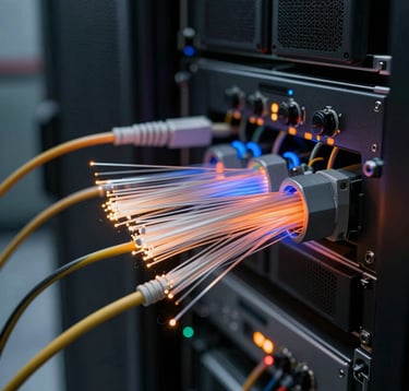 Close-up of high-speed fiber optic cables glowing with soft orange and blue light in a South American server room. The composition highlights technology, connectivity, and the flow of intelligent data.