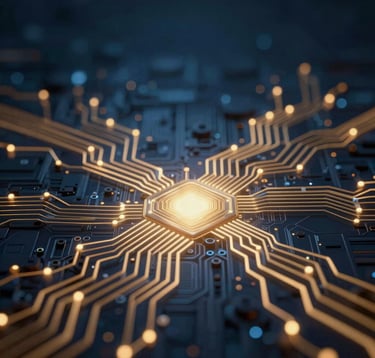 Futuristic photography of abstract digital circuits and data flows with a soft gold glow against a deep night blue background, representing advanced artificial intelligence and connectivity.