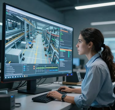 A South American female engineer in a modern control room looking at a 3D digital simulation of factory floor risks on a large glass monitor, cinematic blue lighting.