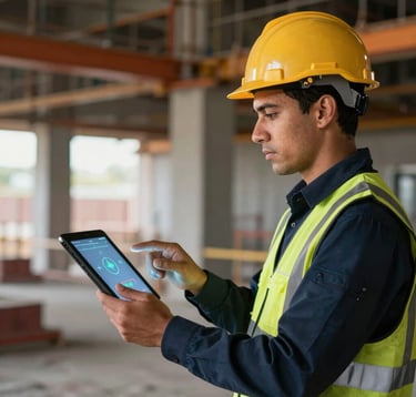 A Brazilian safety engineer in professional attire using a tablet to interact with an augmented reality safety simulation on a modern construction site. High contrast lighting with orange highlights.