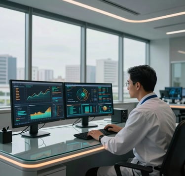 A clean, futuristic operations center in Brazil with a large panoramic window overlooking a city. A focused engineer is reviewing complex data visualizations on a glass-panel desk, with subtle gold and orange lighting accents.