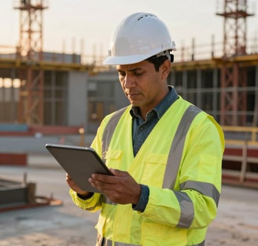 A South American safety professional in high-visibility gear and a white hard hat using a digital tablet on a modern construction site. The background shows blurred structural elements and warm sunlight at dusk.