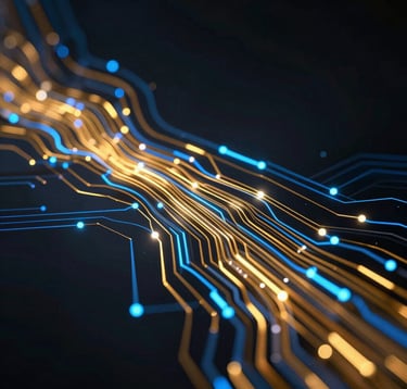 An abstract photography of golden data streams and blue light circuits flowing through a dark background, representing advanced Brazilian software engineering and AI processing.