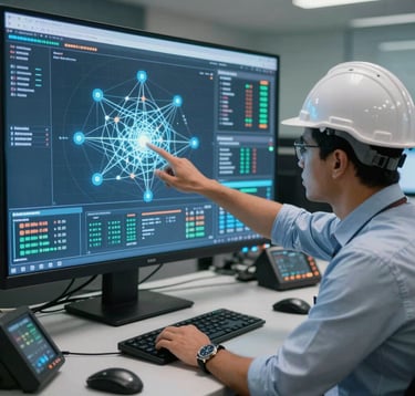 A high-angle shot of a South American / Brazilian professional engineer in a modern control center, pointing at a glowing digital interface showing real-time connectivity nodes and safety data.