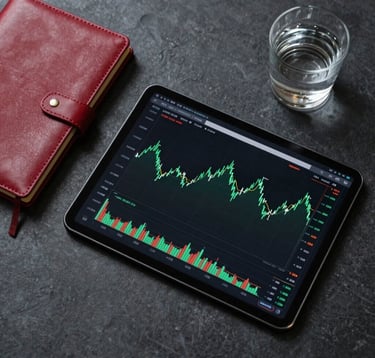 A top-down view of a sophisticated dark charcoal workspace. A tablet displays financial charts with forest green lines, sitting next to a crimson red leather notebook and a glass of water. The lighting is crisp and modern.