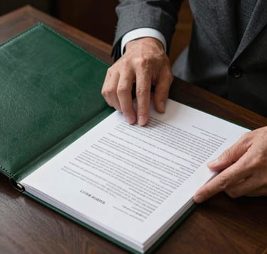 A close-up photograph of a professional lawyer in a charcoal grey suit, reviewing complex legal documents on a dark desk. A forest green leather folder is visible in the corner. Professional lighting emphasizes the texture of the paper and the focus of the task.