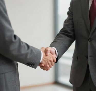 An elegant photograph of a professional handshake between two individuals in business attire. One person wears a subtle crimson red tie. The background is a soft-focus office interior with charcoal grey and soft off-white tones.