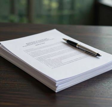 A clean, professional photograph of a stack of legal financial documents and a silver fountain pen resting on a dark charcoal wooden table. In the background, out of focus, a forest green corporate wall is visible. Soft natural light from the side creates a trustworthy and calm mood.