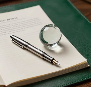 An elegant still life of a silver fountain pen and a high-end glass paperweight on a stack of legal documents. The paper is soft off-white. A forest green leather desk pad provides a rich background.