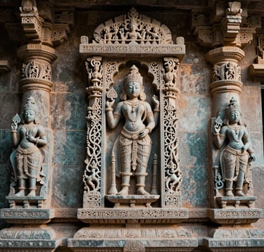 An intricate stone carving on the walls of an ancient Rajasthani temple, with a soft teal-colored shadow. The craftsmanship reflects the cultural richness of Vrindavan. South Asian / Indian architectural photography.