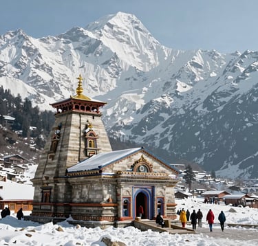 A breathtaking photography of the Kedarnath temple nestled in the snow-capped Himalayan mountains. A few South Asian / Indian pilgrims are seen in the distance, emphasizing the majestic and sacred scale of the location.