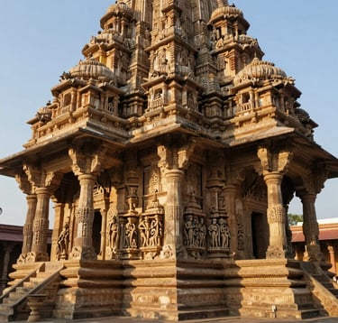 A professional architectural shot of an ancient stone temple in Rajasthan, showing intricate carvings and traditional South Asian temple design. The lighting is warm late-afternoon sun, highlighting the cultural richness and historical depth of the region.