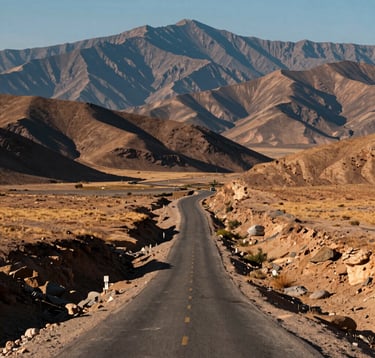 A scenic road winding through the high altitude deserts of Rajasthan, leading toward distant mountains. The colors of the earth are warm, contrasting with the dark blue shadows of the hills. South Asian / Indian travel photography.