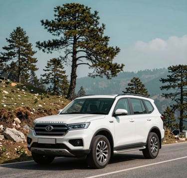 A luxury traveler vehicle parked on a scenic mountain road in Shimla, with a clean and professional appearance. The South Asian landscape features tall pine trees and a clear teal-colored sky, emphasizing trustworthy travel services.
