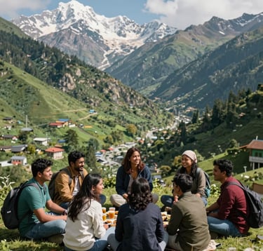 A high-quality travel photograph of a group of South Asian travelers enjoying the scenic views of the lush green valleys in Manali. The lighting is bright and natural, capturing a sense of joy and comfort during a well-organized mountain holiday.