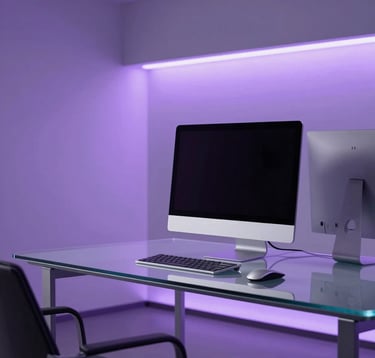 A minimalist, high-tech workspace in a North American corporate setting. The focus is on a sleek glass desk with an advanced computer setup, illuminated by soft lavender and medium purple accent lighting. Clean lines and professional composition.