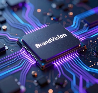 Macro photography of a high-tech processor chip with glowing violet and deep blue pathways, representing the AI core of BrandVision. Modern, powerful, and tech-focused aesthetic for a North American company.