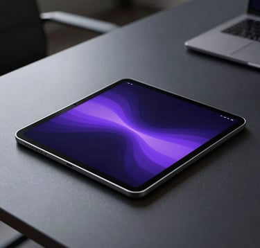 A clean, modern workspace in North American / US city. A tablet sits on a sleek dark desk displaying a glowing abstract user interface with deep purple and lavender accents. The lighting is premium and focused, suggesting high-tech business strategy.