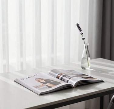 A high-end, minimalist creative studio in North American / US, featuring a sleek desk with a design magazine and a singular lavender flower in a glass vase. Bright natural light filtered through sheer curtains. The composition is clean and premium.