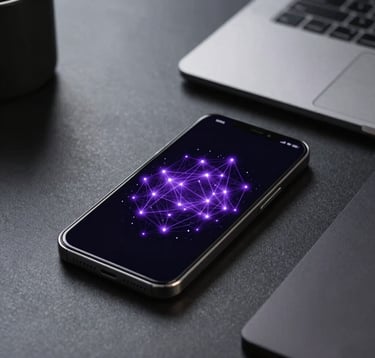 A high-end smartphone on a dark desk displaying an elegant data visualization interface with glowing purple nodes. The background is a minimalist, modern North American / US tech workspace.
